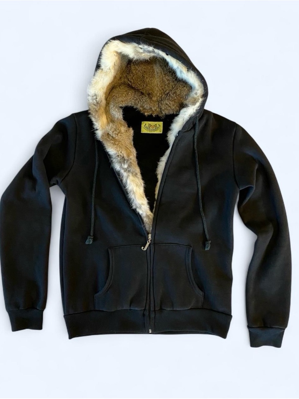 Vintage Juicy Couture Black Hooded Zip Jacket with Rabbit Fur Trim lining, Small
